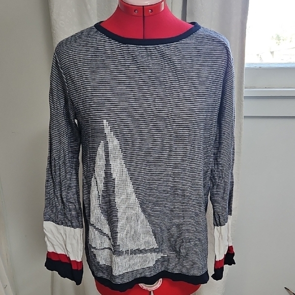 Tommy Hilfiger Striped Crew Neck Sweater - Black, White, Red - Picture 1 of 3